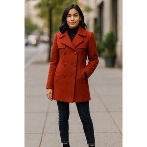Kate Spade Wool Blend Coat Rust Double Breasted Peacoat Size S Missing Belt